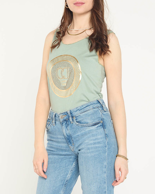 Sötétzöld vállblúz mintával és cirkóniával - Ruházat