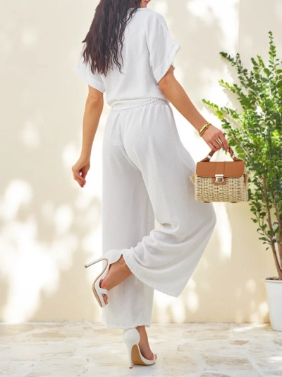 Royalfashion Női szett, megkötős, rövid ujjú inggel és flared nadrággal, strasszokkal díszítve