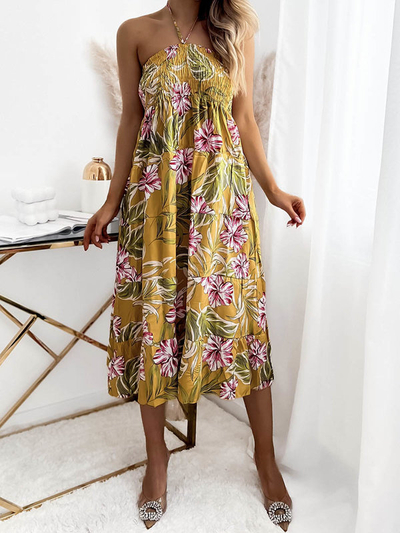 Sárga női midi ruha virágmintával - Ruházat