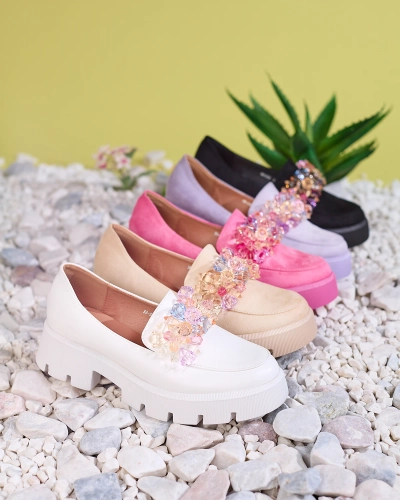 OUTLET Royalfashion Lila női mokaszin színes kristályokkal Crystal Glam
