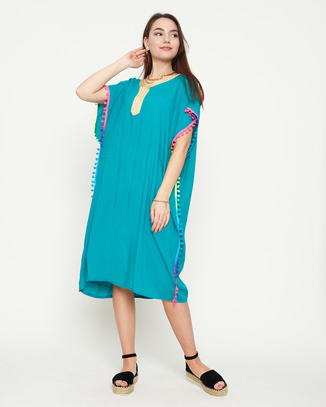 Női zöld nyári strandtunika pomponokkal - Ruházat