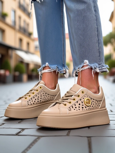 Cleo Ecru Platino – bézs platformos sneakers Royalfashion eco bőr