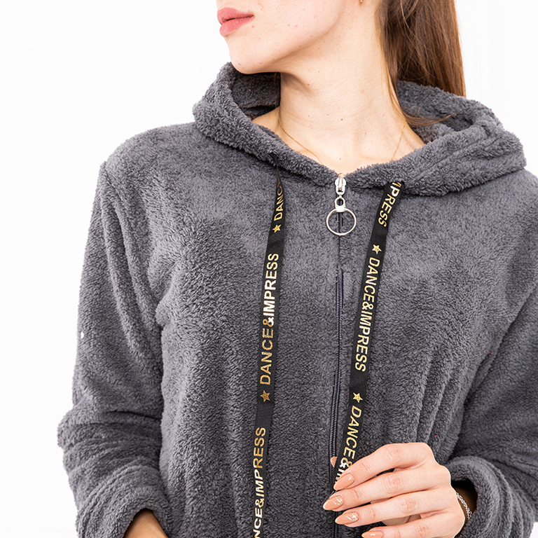 Női sötétszürke plüss kapucnis pulóver - Ruházat