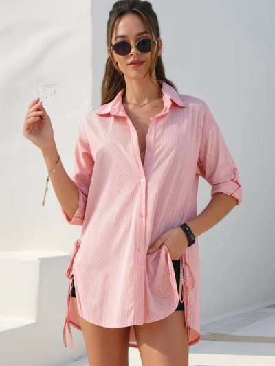 Royalfashion Pamut hosszabb női ing csíkokkal és derékkötővel