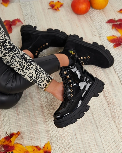 Royalfashion Fekete lakkozott női szigetelt bagger csizma Setogia