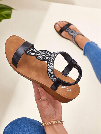 Sandały Koturny Perseida Royalfashion czarne z eko-skóry z kryształkami 4,5cm