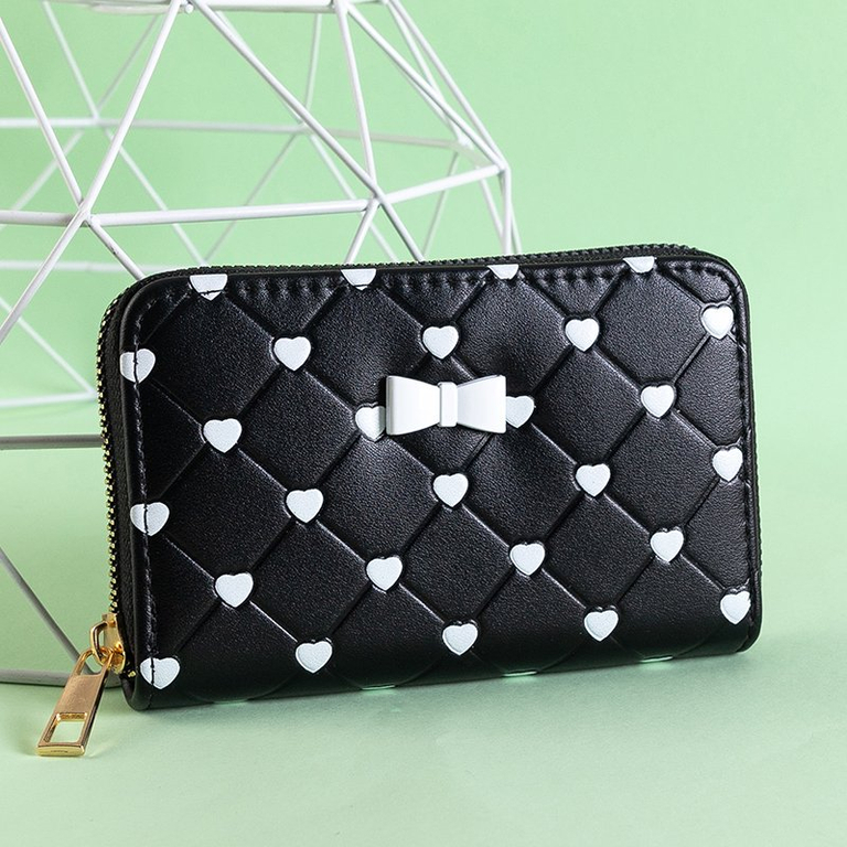 Fekete női pénztárca, fehér szívvel - Pénztárca