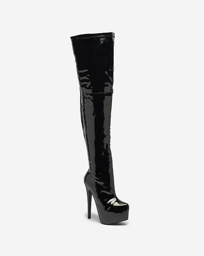 Női lakkozott térd fölé érő csizma fekete színben Leccie- Footwear