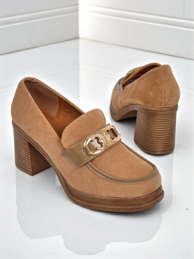 Női Perseida Loaferek – világosbarna velúr vastag sarkú elegáns