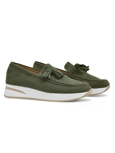 Aurelia Verde – Zöld női öko-velúr mokaszinok 4 cm-es éktalppal
