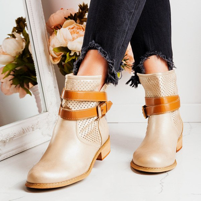 Złote botki z ażurowym wykończeniem Helin - Obuwie