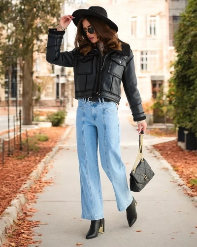 Royalfashion Női öko bőr dzseki szőrrel, fekete színben