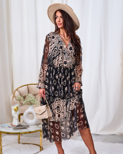 Royalfashion Fekete és bézs színű hálós midi ruha mintával