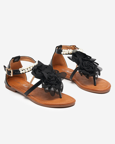 OUTLET Fekete női szandál gyöngyökkel és szövet virággal Amerile - Footwear
