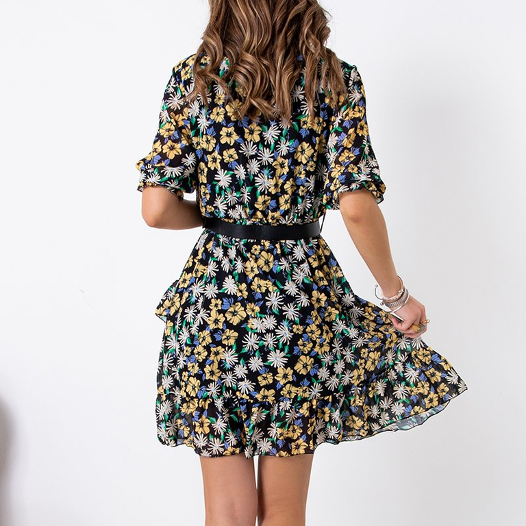 Női fekete mini ruha sárga virágokkal - Ruházat