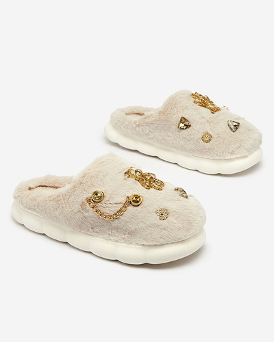 Royalfashion Bézs női szőrme papucs díszítéssel Erserra