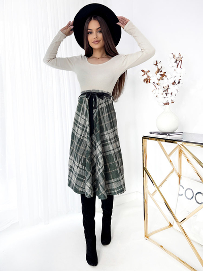 Royalfashion Zöld-szürke női kockás midi szoknya