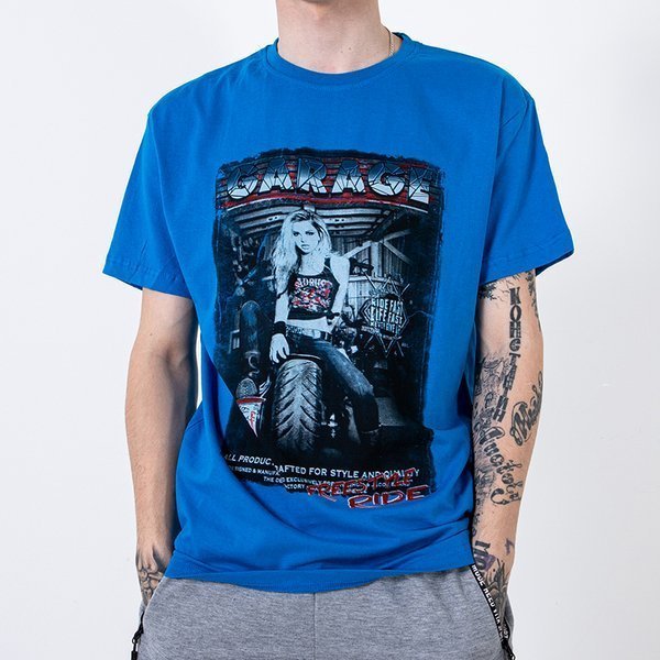 Férfi kék pamut póló, nyomtatással és felirattal - Ruházat