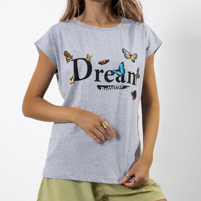 Szürke női pamut póló felirattal - Ruházat