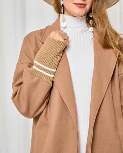 Royalfashion Női térdig érő kabátkabát világosbarna színben
