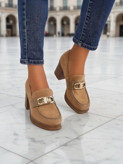 Női Perseida Loaferek – világosbarna velúr vastag sarkú elegáns