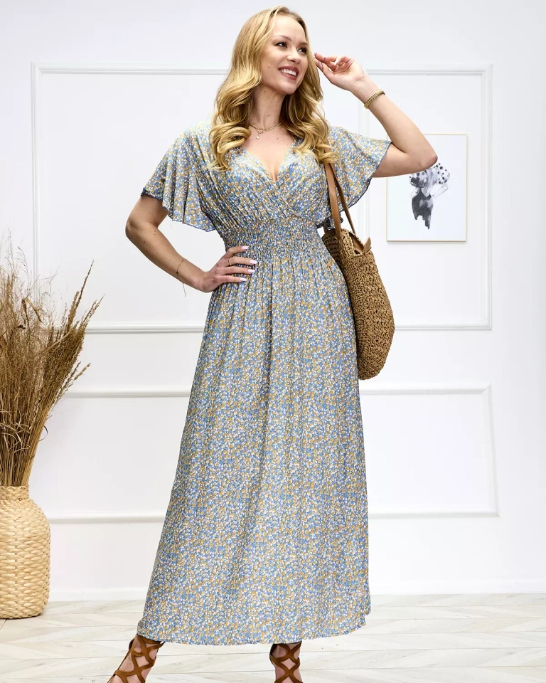 Kék női hosszú ruha virágmintával - Ruházat