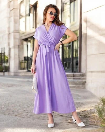 Royalfashion Női midi ruha átkötős nyakkal, rövid ujjakkal és övvel