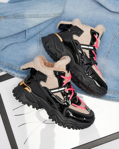 Fekete női sportcipő szőrmével és neonrózsaszín fűzővel Adbo- Footwear