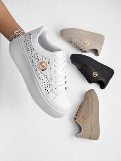 Damskie sneakersy Aelia Royalfashion na platformie białe ażurowe ecru