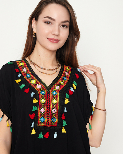 Női fekete nyári strandtunika rojtokkal - Ruházat