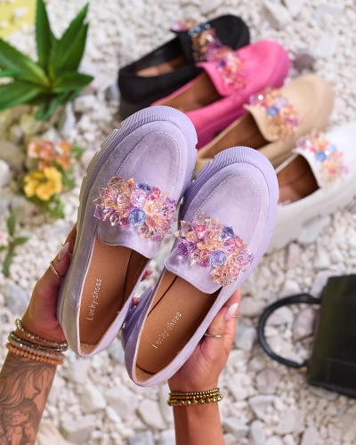 OUTLET Royalfashion Lila női mokaszin színes kristályokkal Crystal Glam