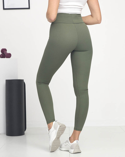 Női zöld bordás leggings rózsaszín felirattal - Ruházat