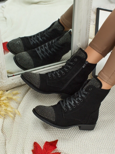 Marvelli öko velúr fűzős női bokacsizma cirkóniákkal