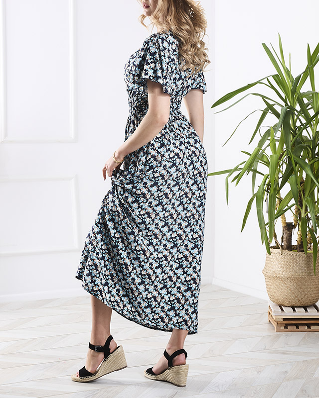 Női virágos midi ruha tengerészkék színben - Ruházat