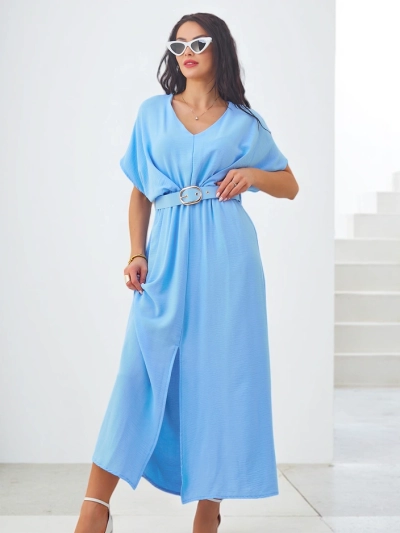Royalfashion Női midi ruha rövid ujjakkal, V-kivágással és középen hasítékkal