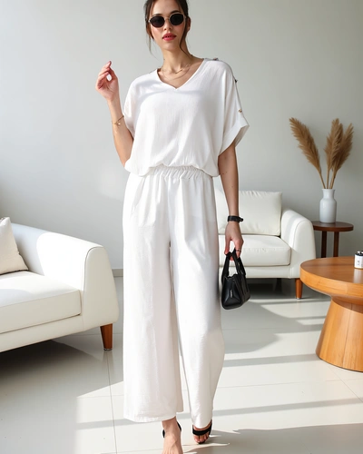 Royalfashion Női laza szett rövid ujjú blúzzal és széles nadrággal