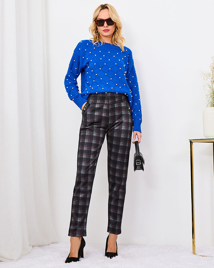 Royalfashion Szürke-piros női szigetelt kockás treggings