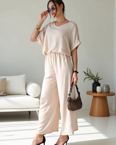 Royalfashion Női alkalmi szett rövid ujjú blúzzal és bő nadrággal