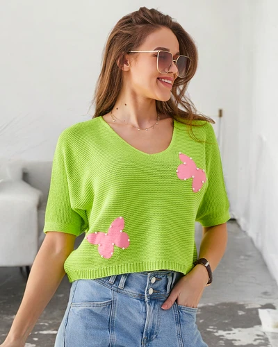 Royalfashion Női Pamut Rövid Pulóver Pillangókkal