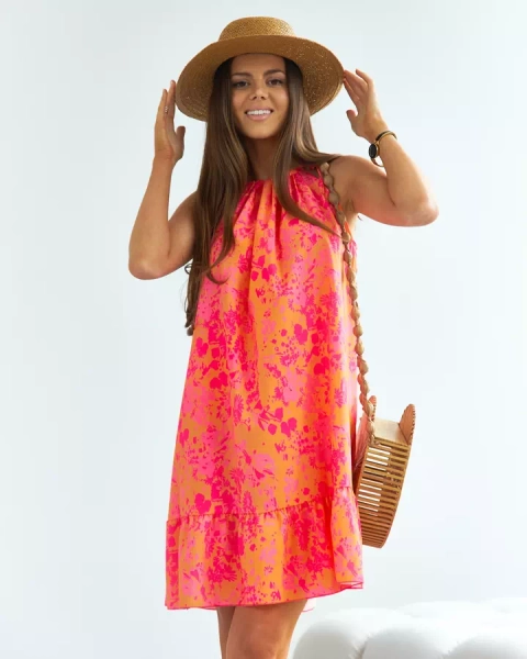 Royalfashion Narancs-rózsaszín női rövid virágos ruha