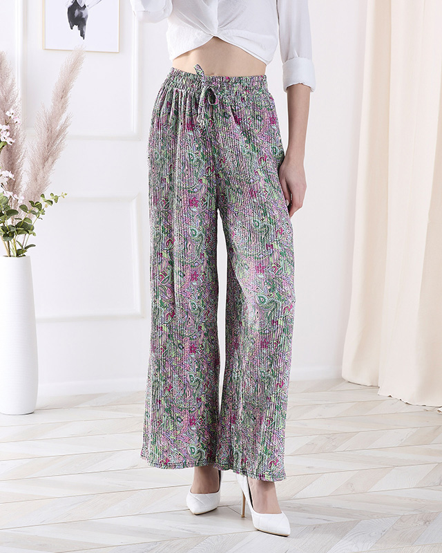 Mintás, széles szárú női nadrág zöld színben- Ruházat