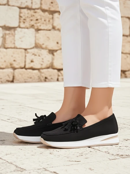 Aelia női mokaszin fekete öko velúrbőrből, 4 cm-es éktalppal