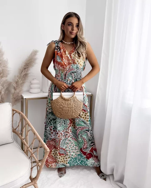 Mintás zöld és narancssárga női midi ruha Ruházat