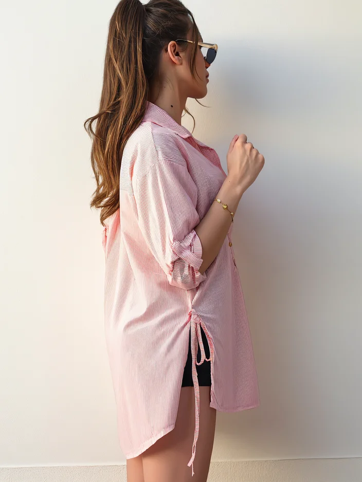 Royalfashion Pamut hosszabb női ing csíkokkal és derékkötővel