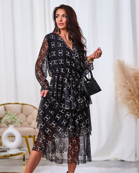 Royalfashion Fekete hálós midi ruha nyomtatással