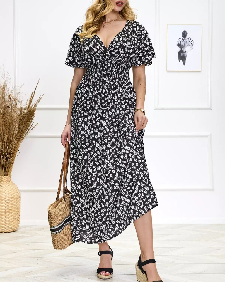 Fekete női maxiruha virágmintával- Ruházat