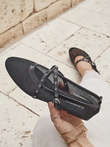 Royalfashion Arethusa Nero hálós balerinák lapos sarokkal