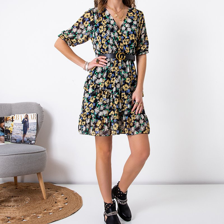 Női fekete mini ruha sárga virágokkal - Ruházat