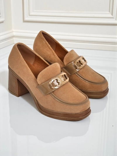 Női Perseida Loaferek – világosbarna velúr vastag sarkú elegáns