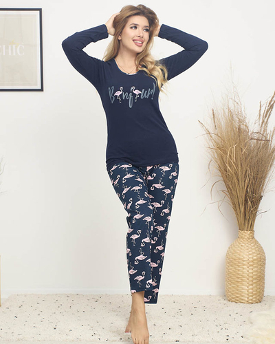 Sötétkék 2 részes, flamingós női pizsama - Ruházat